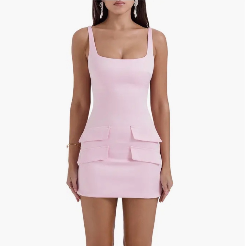 House of CB “Cosette” Rose Pink Satin Mini Dress L Tall
